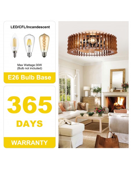 Oaks Aura 20" Wooden Caged Flush Mount Ceiling Fan with Light and Remote/APP Control, 6-Speed Fandelier Fan for Bedroom