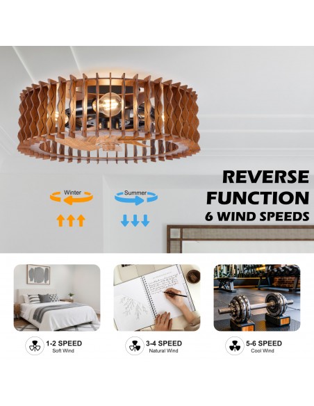 Oaks Aura 20" Wooden Caged Flush Mount Ceiling Fan with Light and Remote/APP Control, 6-Speed Fandelier Fan for Bedroom