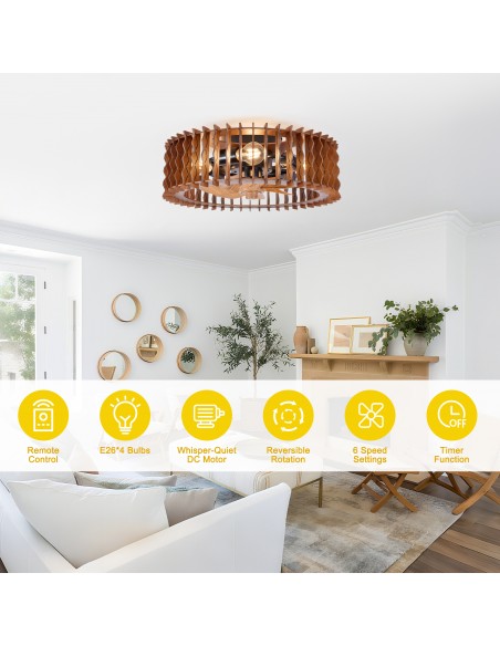 Oaks Aura 20" Wooden Caged Flush Mount Ceiling Fan with Light and Remote/APP Control, 6-Speed Fandelier Fan for Bedroom