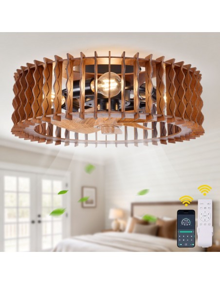 Oaks Aura 20" Wooden Caged Flush Mount Ceiling Fan with Light and Remote/APP Control, 6-Speed Fandelier Fan for Bedroom