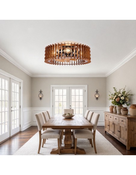Oaks Aura 20" Wooden Caged Flush Mount Ceiling Fan with Light and Remote/APP Control, 6-Speed Fandelier Fan for Bedroom