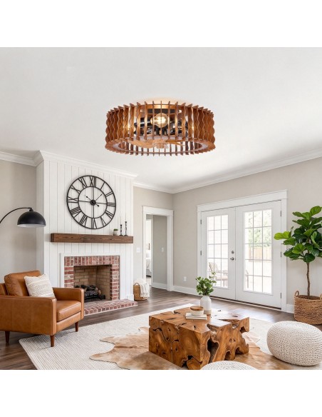 Oaks Aura 20" Wooden Caged Flush Mount Ceiling Fan with Light and Remote/APP Control, 6-Speed Fandelier Fan for Bedroom
