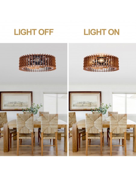 Oaks Aura 20" Wooden Caged Flush Mount Ceiling Fan with Light and Remote/APP Control, 6-Speed Fandelier Fan for Bedroom