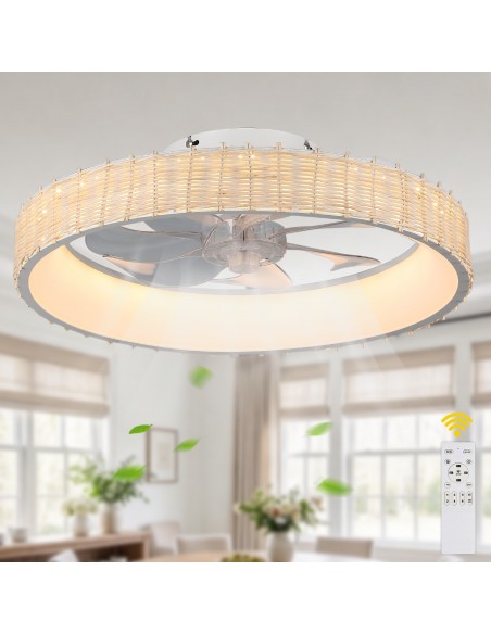 Oaks Aura 20" Boho Woven Flush Mount Ceiling Fan with Lights and Remote/APP Control, Reversible DC Fandelier Fan for Bedroom
