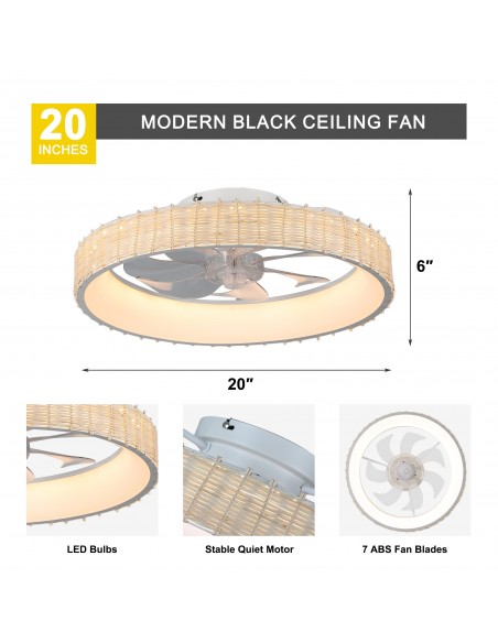 Oaks Aura 20" Boho Woven Flush Mount Ceiling Fan with Lights and Remote/APP Control, Reversible DC Fandelier Fan for Bedroom