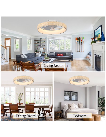 Oaks Aura 20" Boho Woven Flush Mount Ceiling Fan with Lights and Remote/APP Control, Reversible DC Fandelier Fan for Bedroom