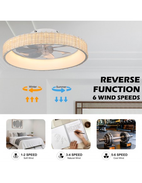 Oaks Aura 20" Boho Woven Flush Mount Ceiling Fan with Lights and Remote/APP Control, Reversible DC Fandelier Fan for Bedroom