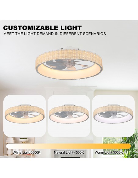 Oaks Aura 20" Boho Woven Flush Mount Ceiling Fan with Lights and Remote/APP Control, Reversible DC Fandelier Fan for Bedroom