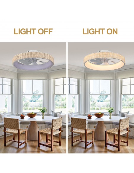 Oaks Aura 20" Boho Woven Flush Mount Ceiling Fan with Lights and Remote/APP Control, Reversible DC Fandelier Fan for Bedroom