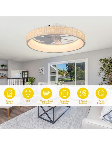 Oaks Aura 20" Boho Woven Flush Mount Ceiling Fan with Lights and Remote/APP Control, Reversible DC Fandelier Fan for Bedroom