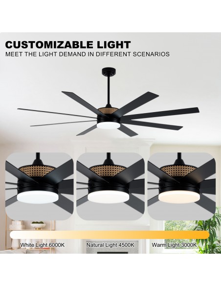 Oaks Aura 72" 8-Blade Large Modern Ceiling Fan with Light and Remote, 6-Speed Reversible DC Motor Large Fans for Living Room