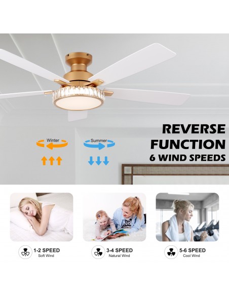 Oaks Aura 52" 5-Blade Crystal Flush Mount Ceiling Fan with Light and Remote, Reversible DC Fandelier Fan Light for Bedroom