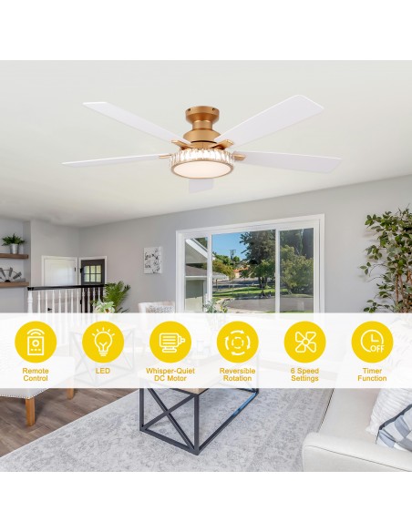 Oaks Aura 52" 5-Blade Crystal Flush Mount Ceiling Fan with Light and Remote, Reversible DC Fandelier Fan Light for Bedroom