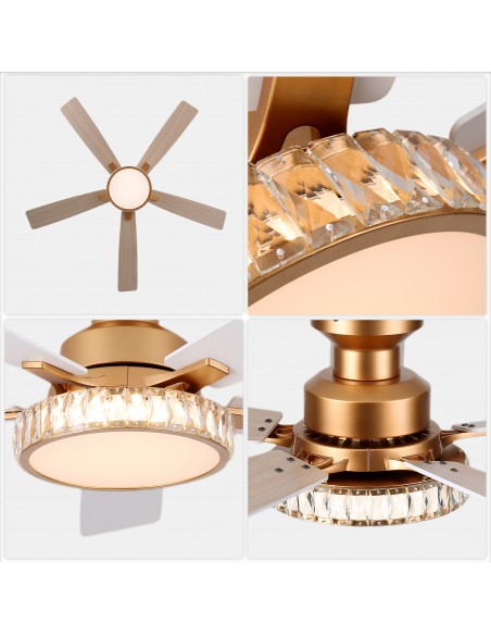 Oaks Aura 52" 5-Blade Crystal Flush Mount Ceiling Fan with Light and Remote, Reversible DC Fandelier Fan Light for Bedroom