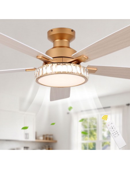 Oaks Aura 52" 5-Blade Crystal Flush Mount Ceiling Fan with Light and Remote, Reversible DC Fandelier Fan Light for Bedroom