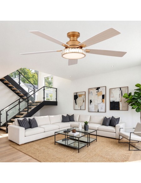 Oaks Aura 52" 5-Blade Crystal Flush Mount Ceiling Fan with Light and Remote, Reversible DC Fandelier Fan Light for Bedroom