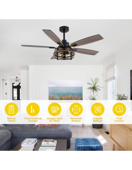 Oaks Aura 52" Farmhouse Caged Ceiling Fan with Light and Remote/APP Control