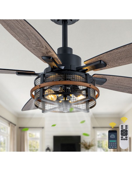Oaks Aura 52" Farmhouse Caged Ceiling Fan with Light and Remote/APP Control