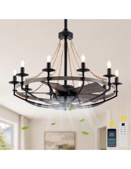 Oaks Aura 35" Boho Wood Beaded Wagon Wheel Ceiling Fan with Light and Remote/APP for Dining Room, Bedroom
