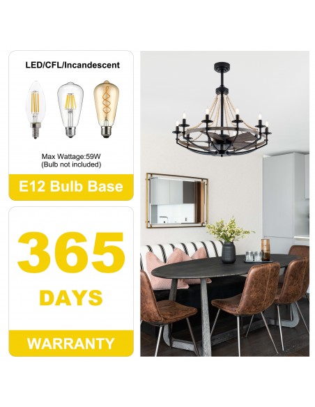 Oaks Aura 35" Boho Wood Beaded Wagon Wheel Ceiling Fan with Light and Remote/APP for Dining Room, Bedroom