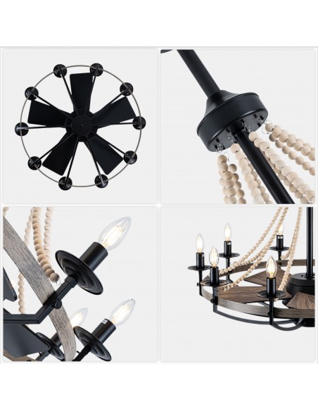 Oaks Aura 35" Boho Wood Beaded Wagon Wheel Ceiling Fan with Light and Remote/APP for Dining Room, Bedroom
