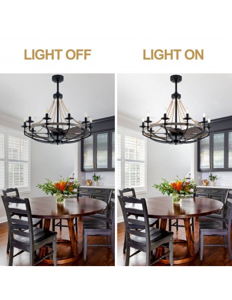 Oaks Aura 35" Boho Wood Beaded Wagon Wheel Ceiling Fan with Light and Remote/APP for Dining Room, Bedroom