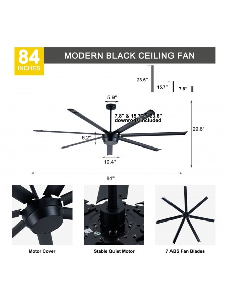 Oaks Aura 84" Industrial 7-Blade Large Ceiling Fan with Remote/APP Control, Quiet Reversible DC Motor for Great Room