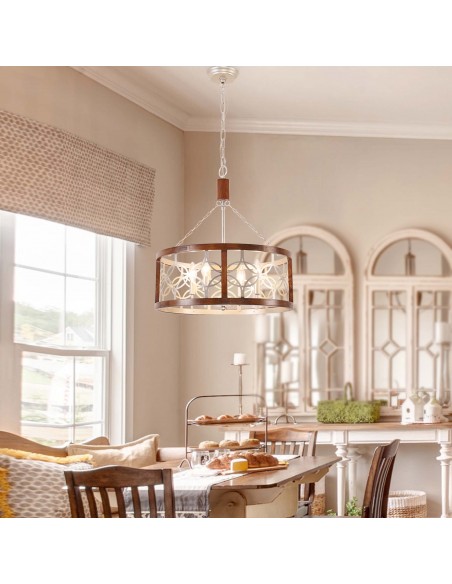 Oaks Aura 4-Light French Country Drum Ceiling Light Farmhouse Wood Chandelier