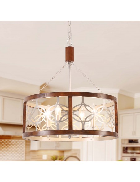 Oaks Aura 4-Light French Country Drum Ceiling Light Farmhouse Wood Chandelier