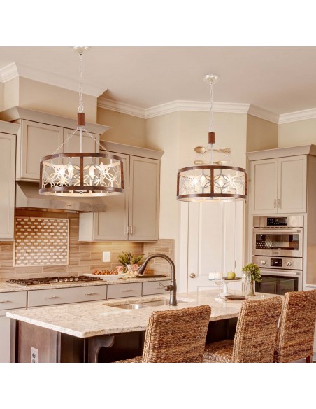 Oaks Aura 4-Light French Country Drum Ceiling Light Farmhouse Wood Chandelier