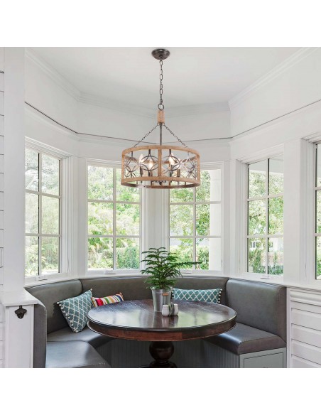 Oaks Aura 4-Light French Country Drum Ceiling Light Farmhouse Wood Chandelier